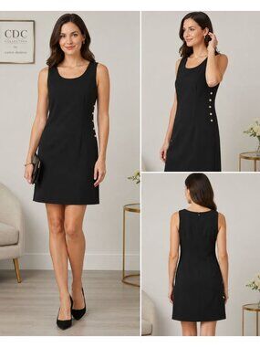 Caren Desiree Colection Vtg Sleeveless Shift Dress Side Buttons Black Petite 8